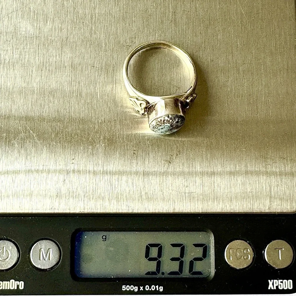 Navajo Mens Turquoise Band Blue Golden Hills Sz 10 Ring 14mm Signed AT Native‎